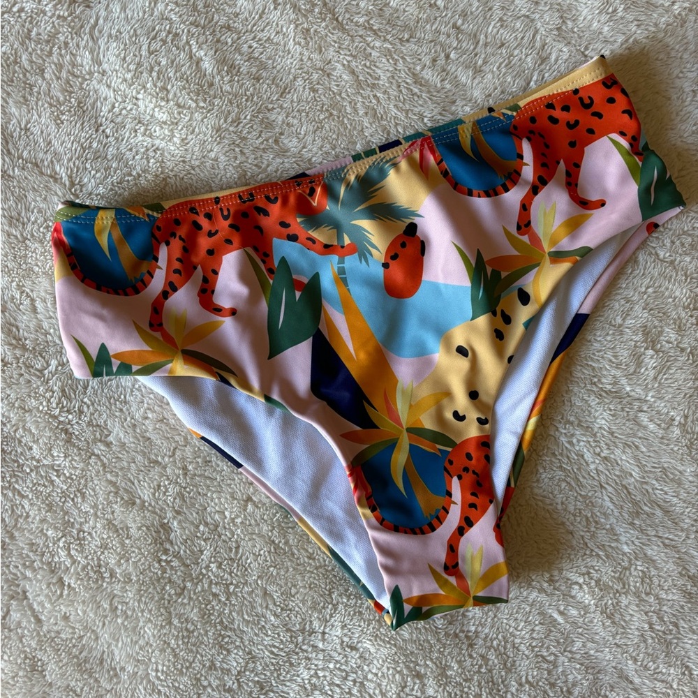 Mid rise animal print bikini bottoms only.
